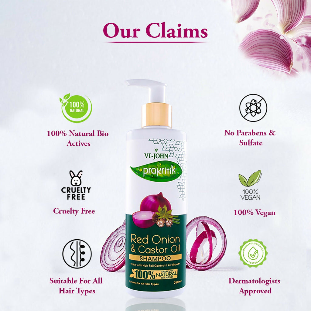 VI-JOHN Prakritik Red Onion & Castor Oil Shampoo Helps with Hair Fall & Re-Growth 100% Bio Actives | Grocsy