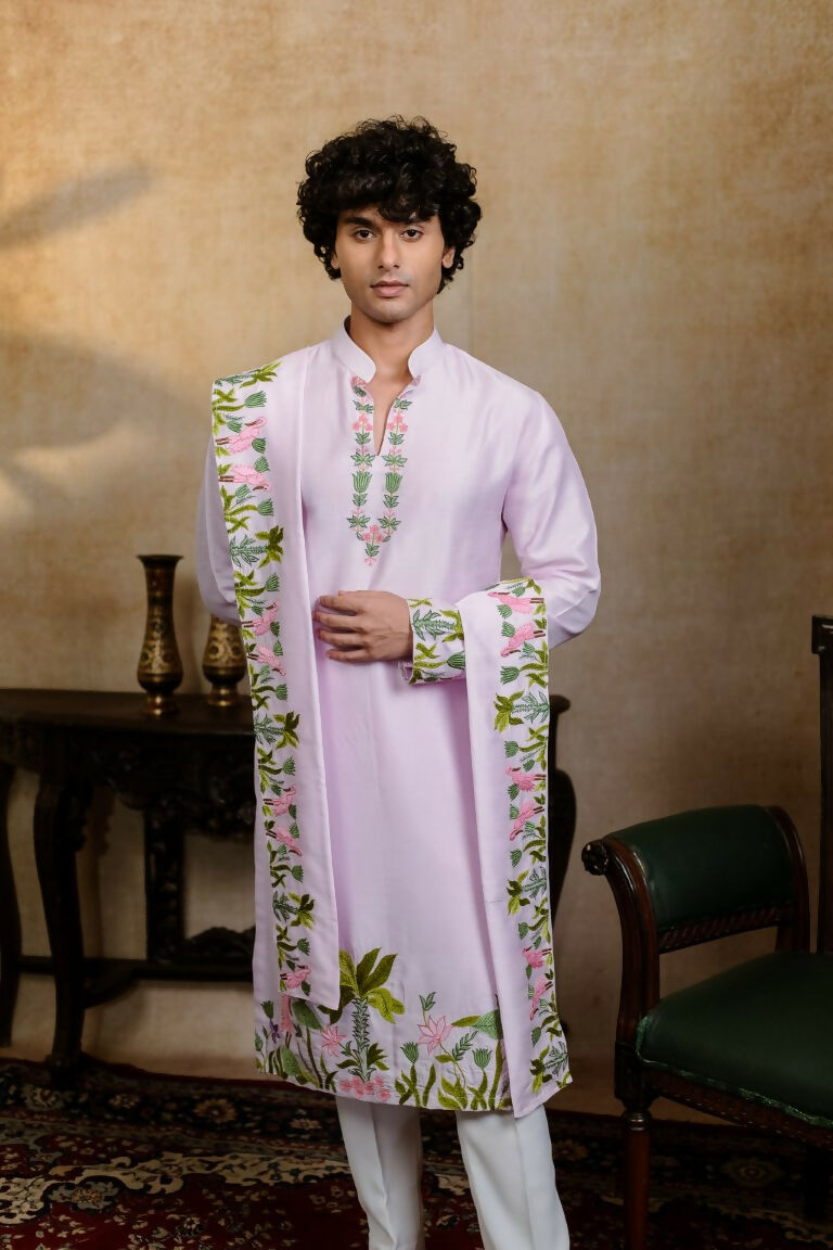 Falling Raw Silk Lavinder Taruni Hamsa Kurta Set By Hilo Design | Grocsy