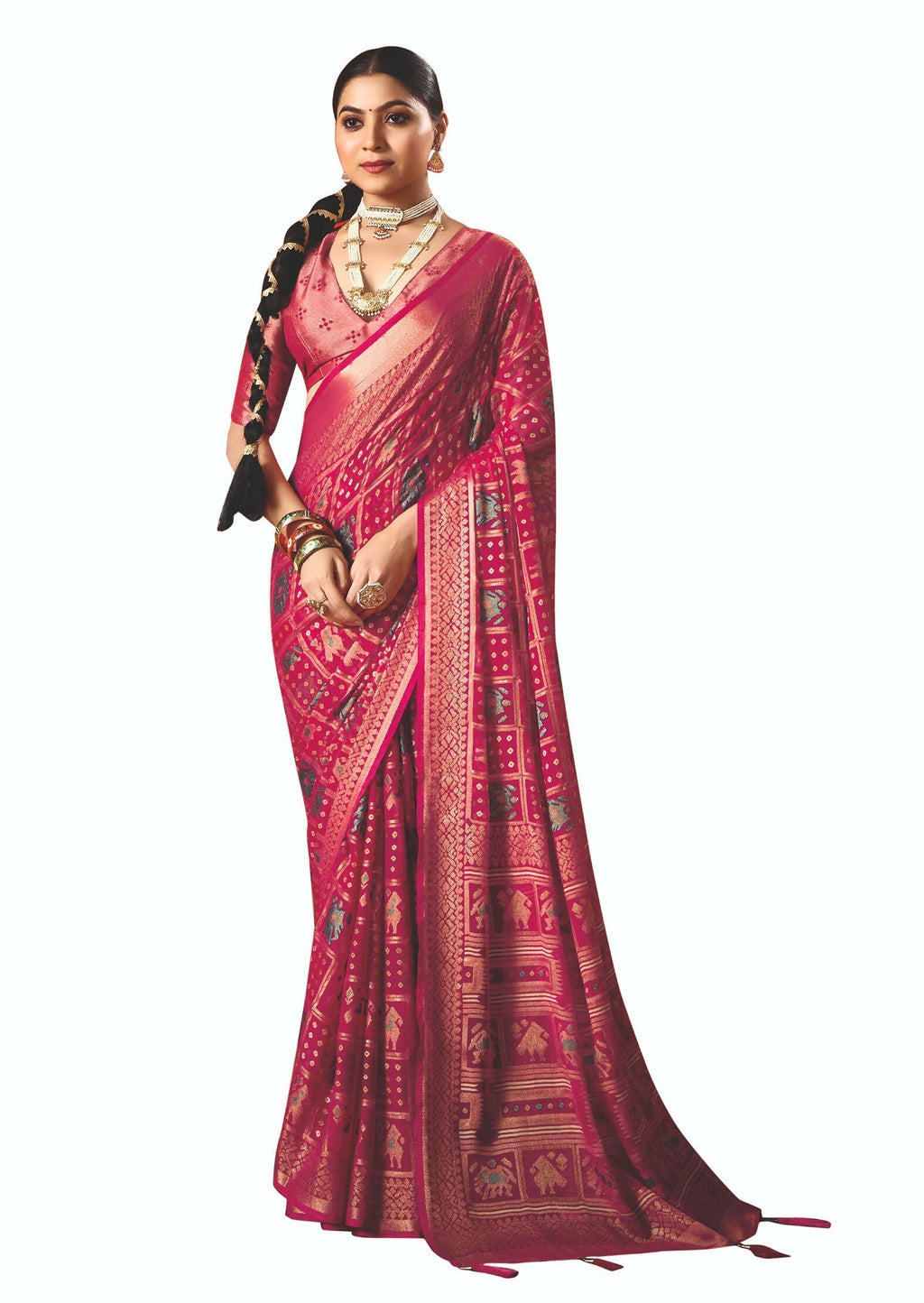 Joban Fashion Pink Dull Moss Brasso Saree | Grocsy