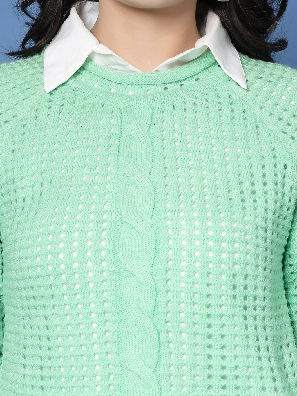 Women Green Acrylic Pointele Sweater - Wool Trees | Grocsy