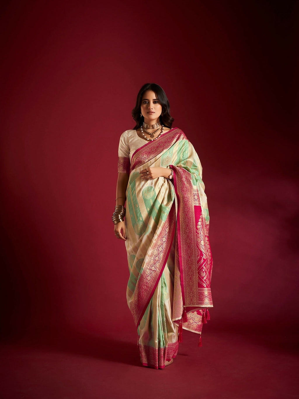Joban Fashion Cream & Sea Green Plain With Weaving Border Banarasi Silk Sarees | Grocsy