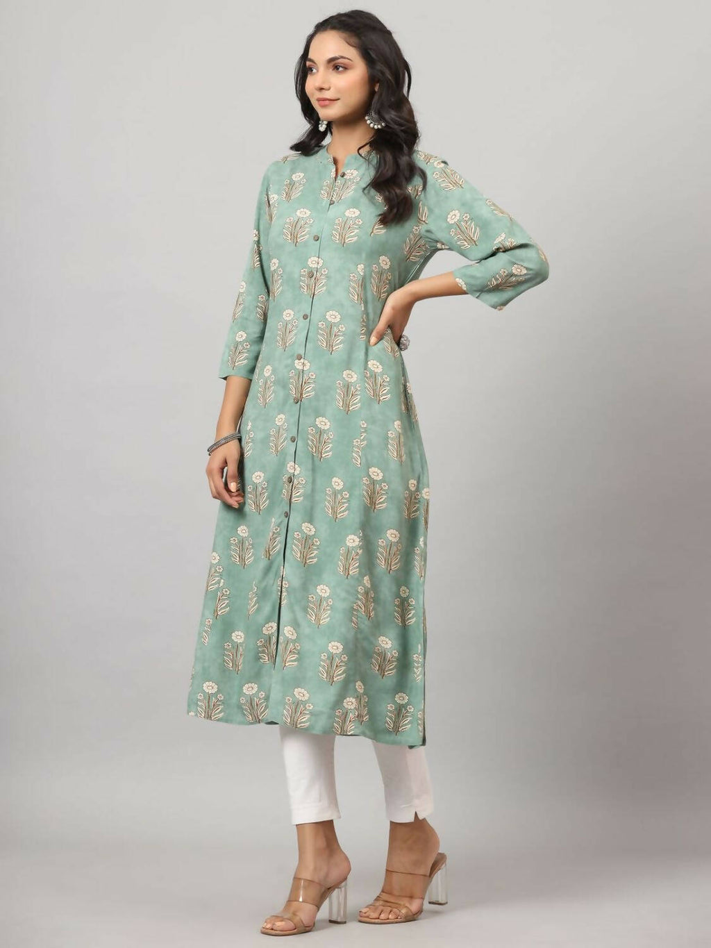 Juniper Women's Green Printed A-Line Kurta | Grocsy