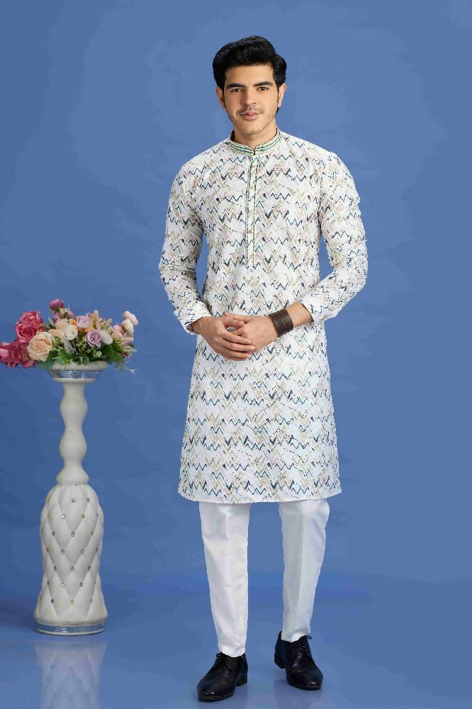 Raivat Ethnic Cotton Embroidery Kurta Pajama In Blue Colour | Grocsy