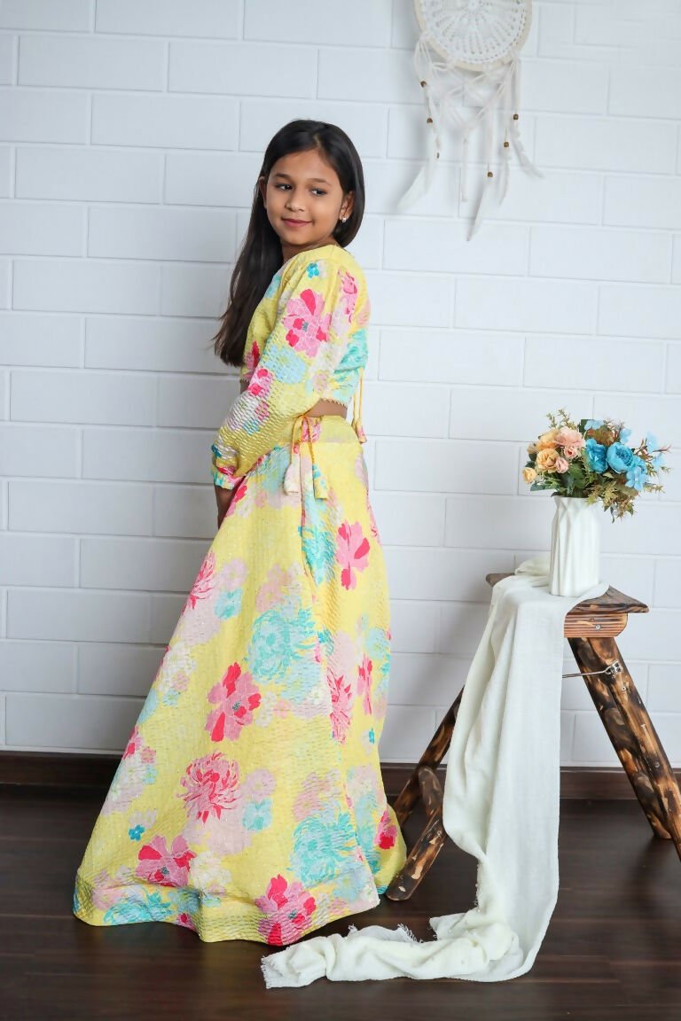 Aayaa Designer Printed Chinon Crochet Sequance Kids Lehenga Choli - Yellow | Grocsy