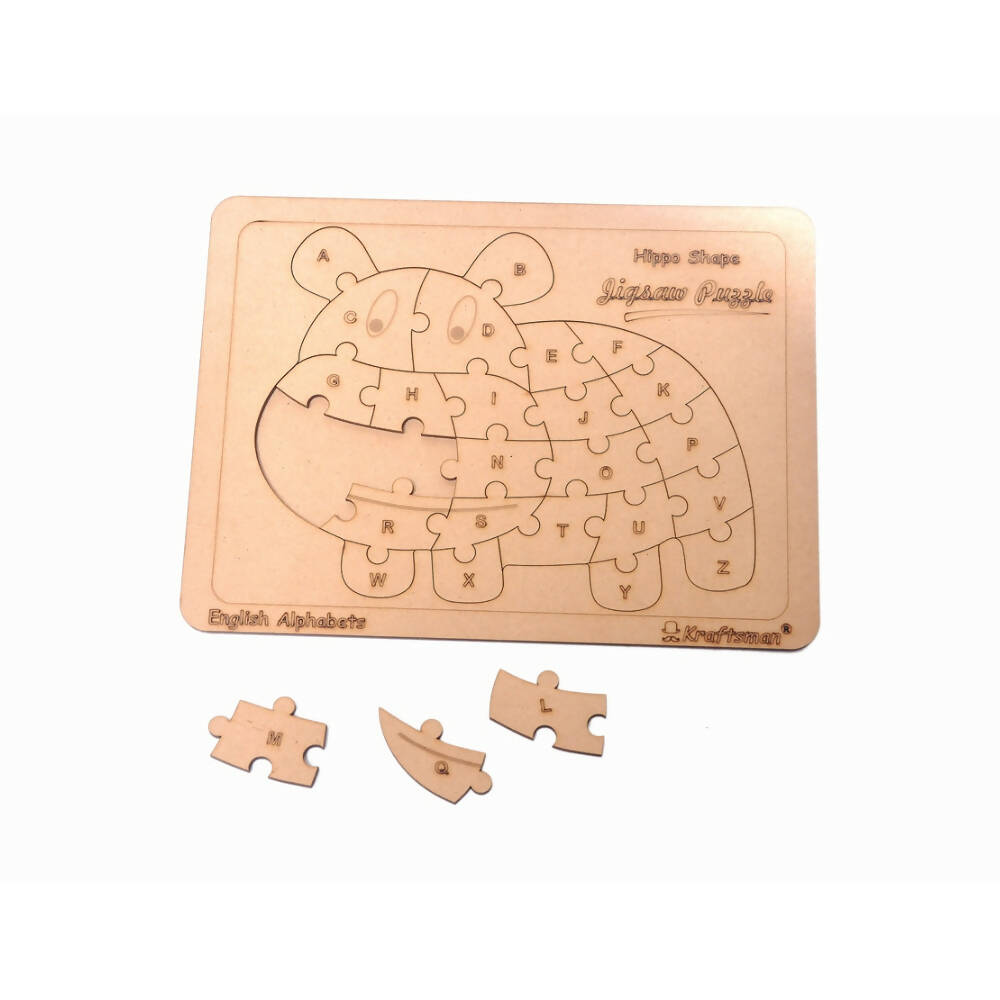 Kraftsman English Alphabets Wooden Jigsaw Puzzles Hippo Shape Puzzle | Color Kit Included | Grocsy