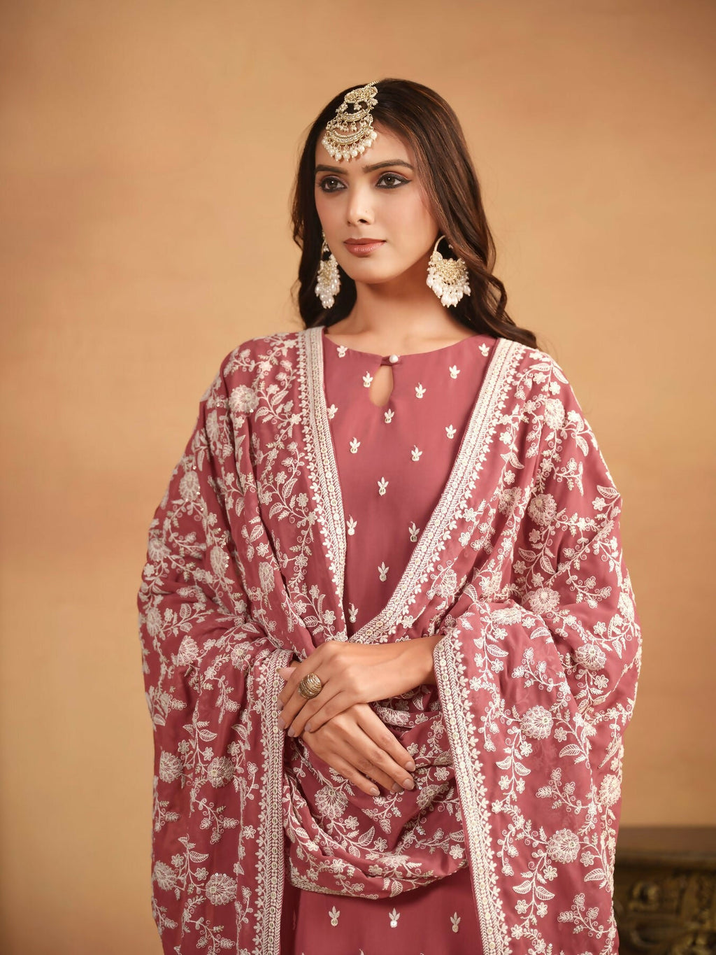 Anaita Brown Embroidered Faux Georgette Salwar Suit | Grocsy