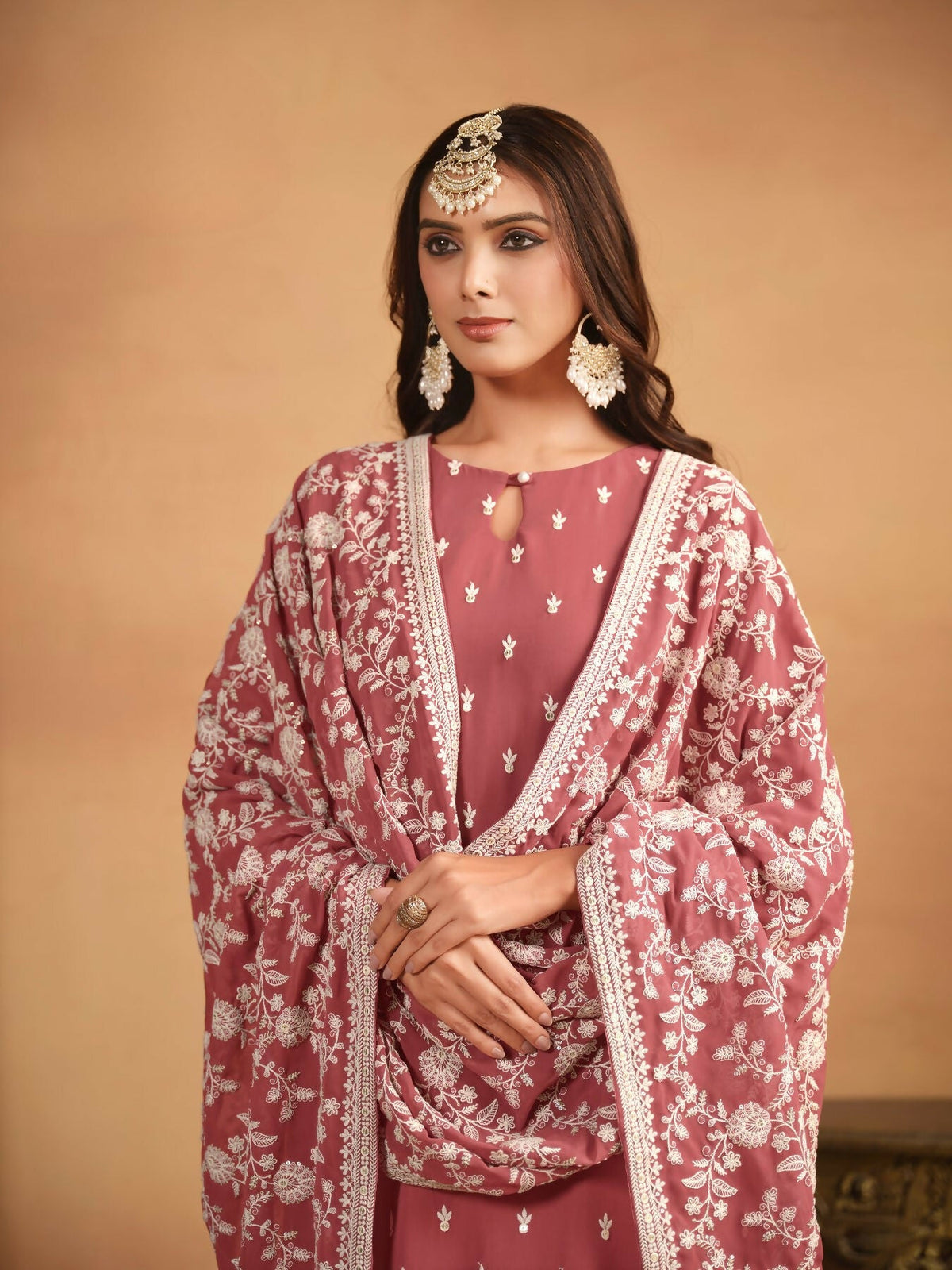 Anaita Brown Embroidered Faux Georgette Salwar Suit | Grocsy