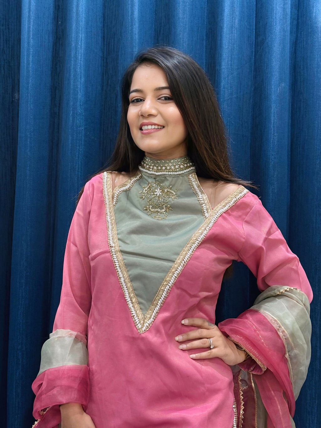 Anaita Rani-Pink Roman Shimmer Readymade Kurti Set with Designer Handwork | Grocsy