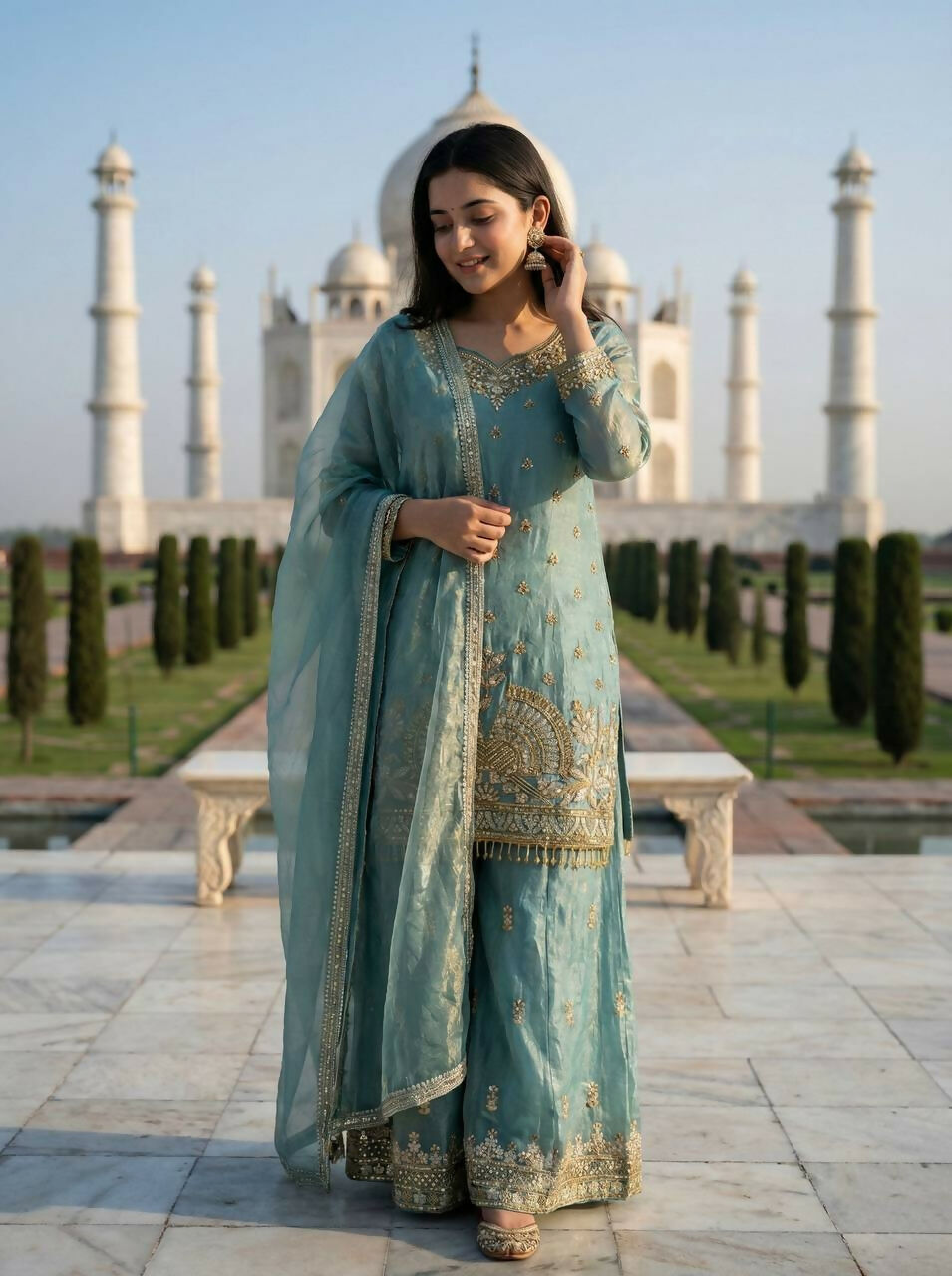 Teeya Creation Teal Fendy Silk Heavy Embroidery Work Party Wear Palazzo Suit | Grocsy