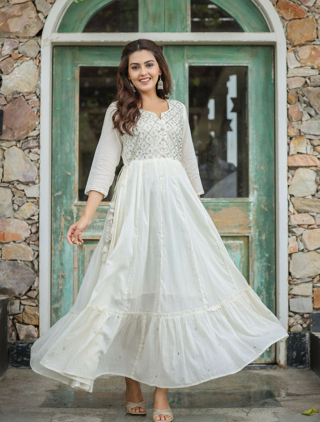 Kaajh Women's Off-White Floral Embroidered Cotton Ethnic Dress | Grocsy
