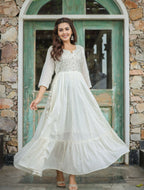 Kaajh Women's Off-White Floral Embroidered Cotton Ethnic Dress | Grocsy