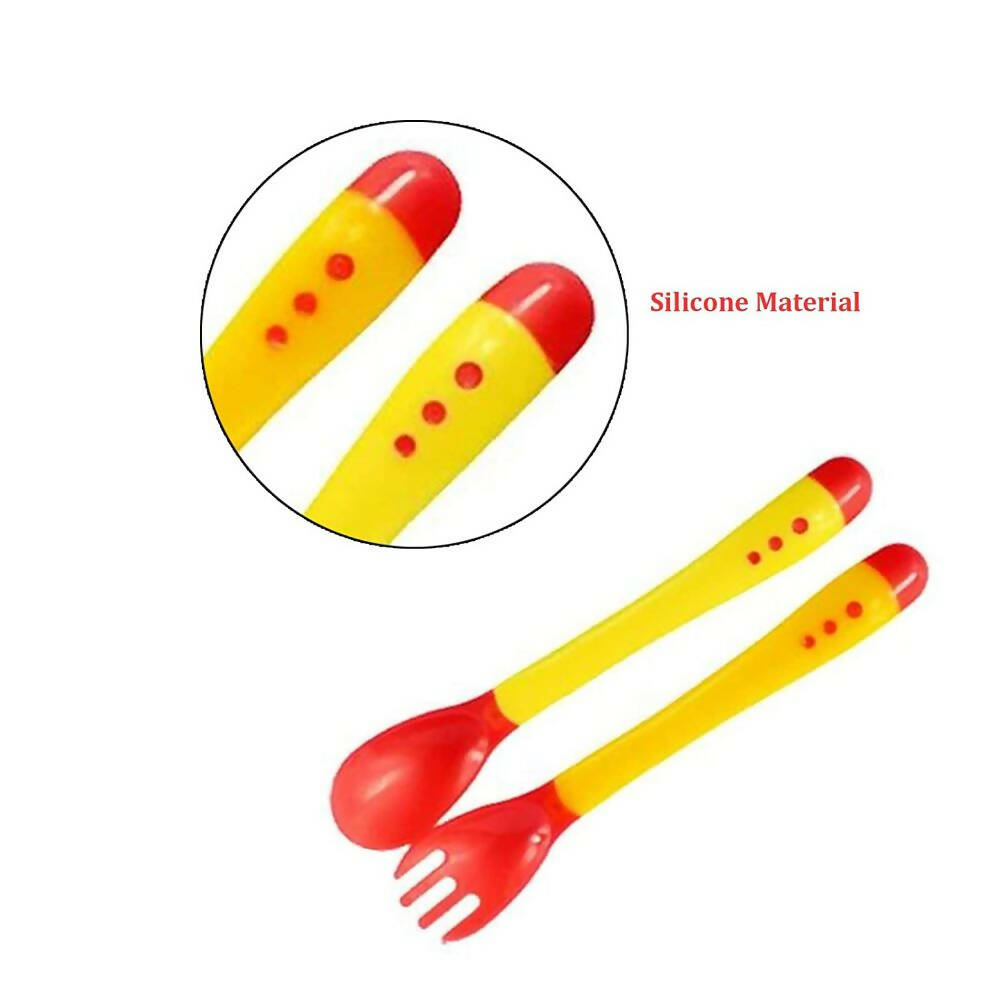 Safe-O-Kid Heat Sensitive 4 Spoons 4 Forks Set, Bpa Free, Silicone Tip, Red And Yellow | Grocsy