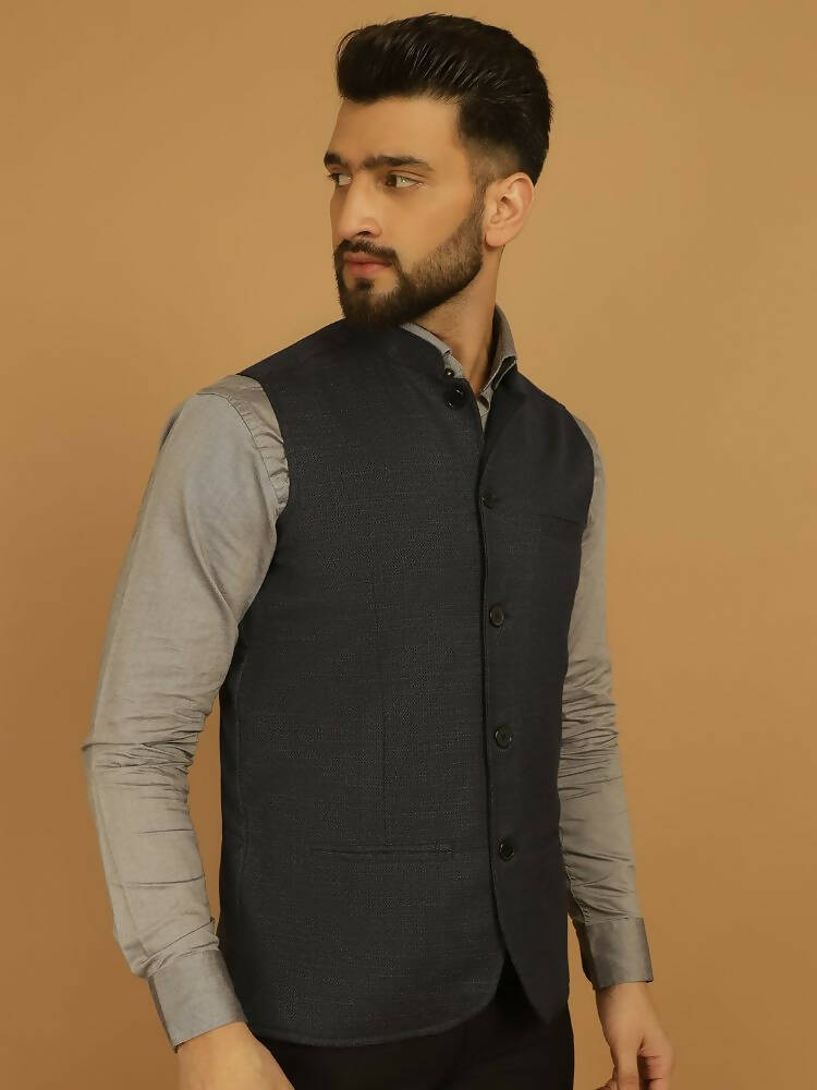 Even Apparels Nehru Jacket With Welt Pockets - Blue | Grocsy