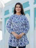 Kaajh Women's White-Blue Hand Block Printed Cotton Top | Grocsy