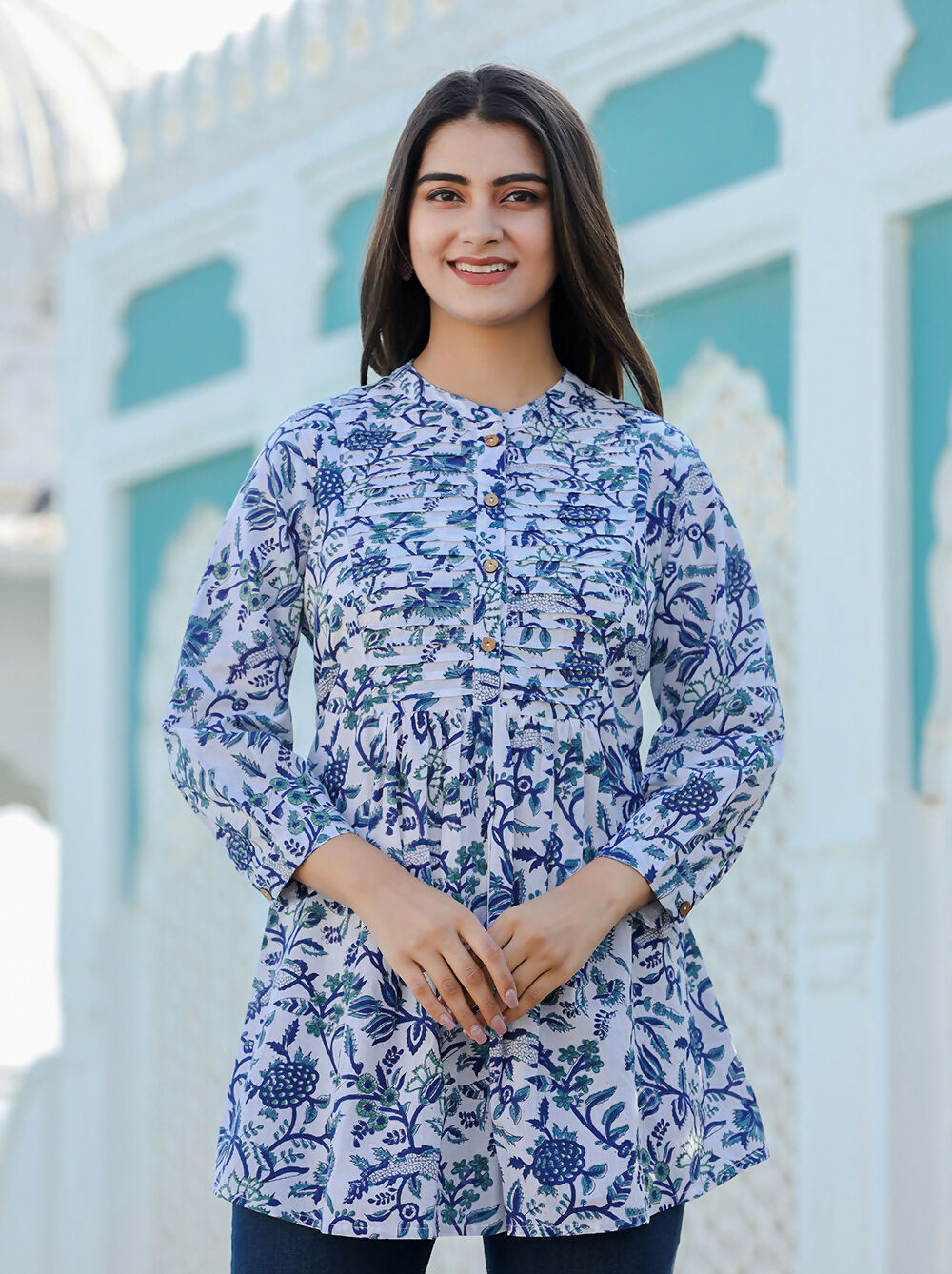 Kaajh Women's White-Blue Hand Block Printed Cotton Top | Grocsy
