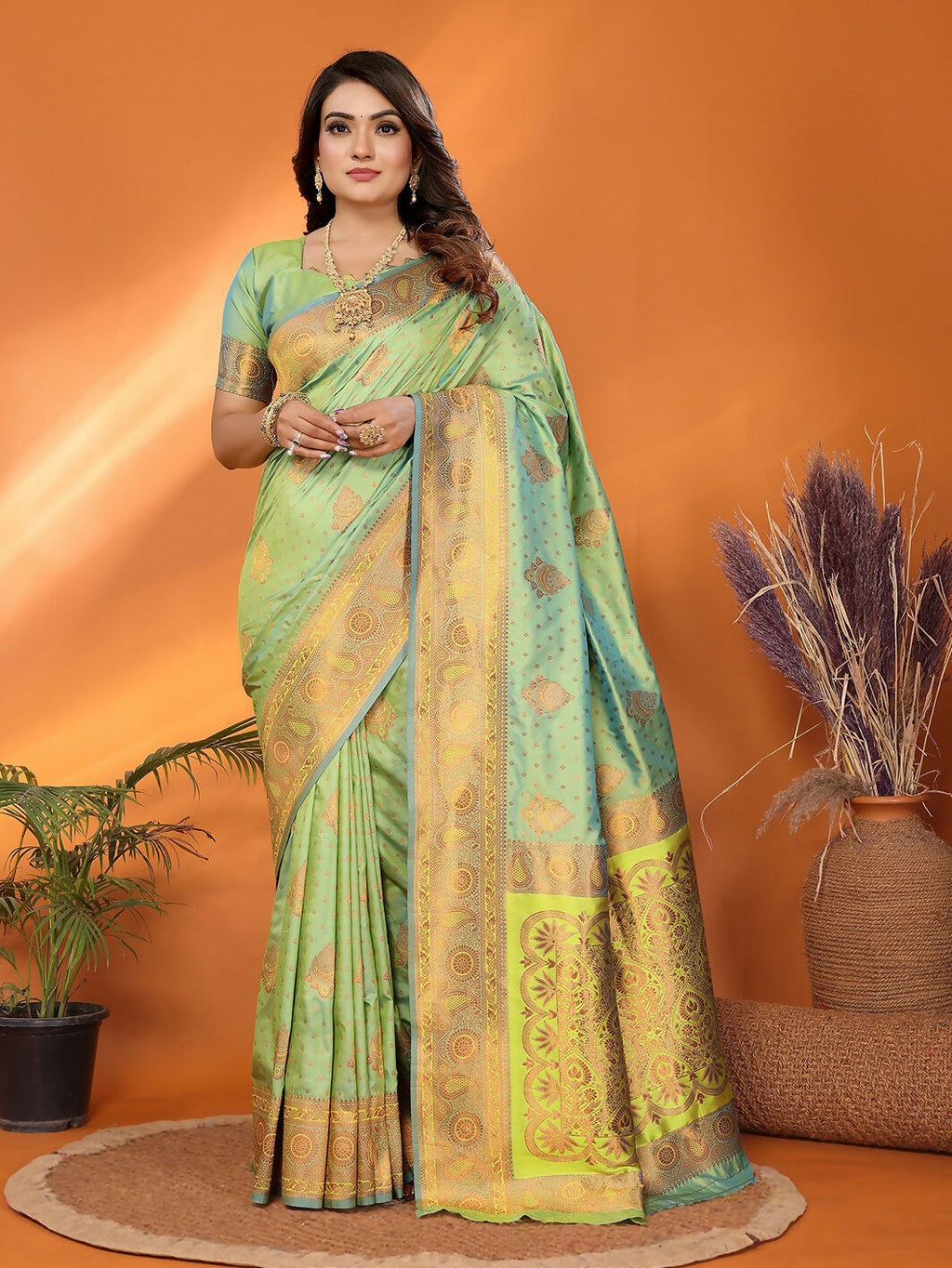 Joban Fashion Banarasi Light Green Woven Soft Silk Saree | Grocsy