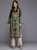 Ahalyaa Women Green & Pink Ethnic Motifs Printed Gotta Patti Velvet Kurta | Grocsy