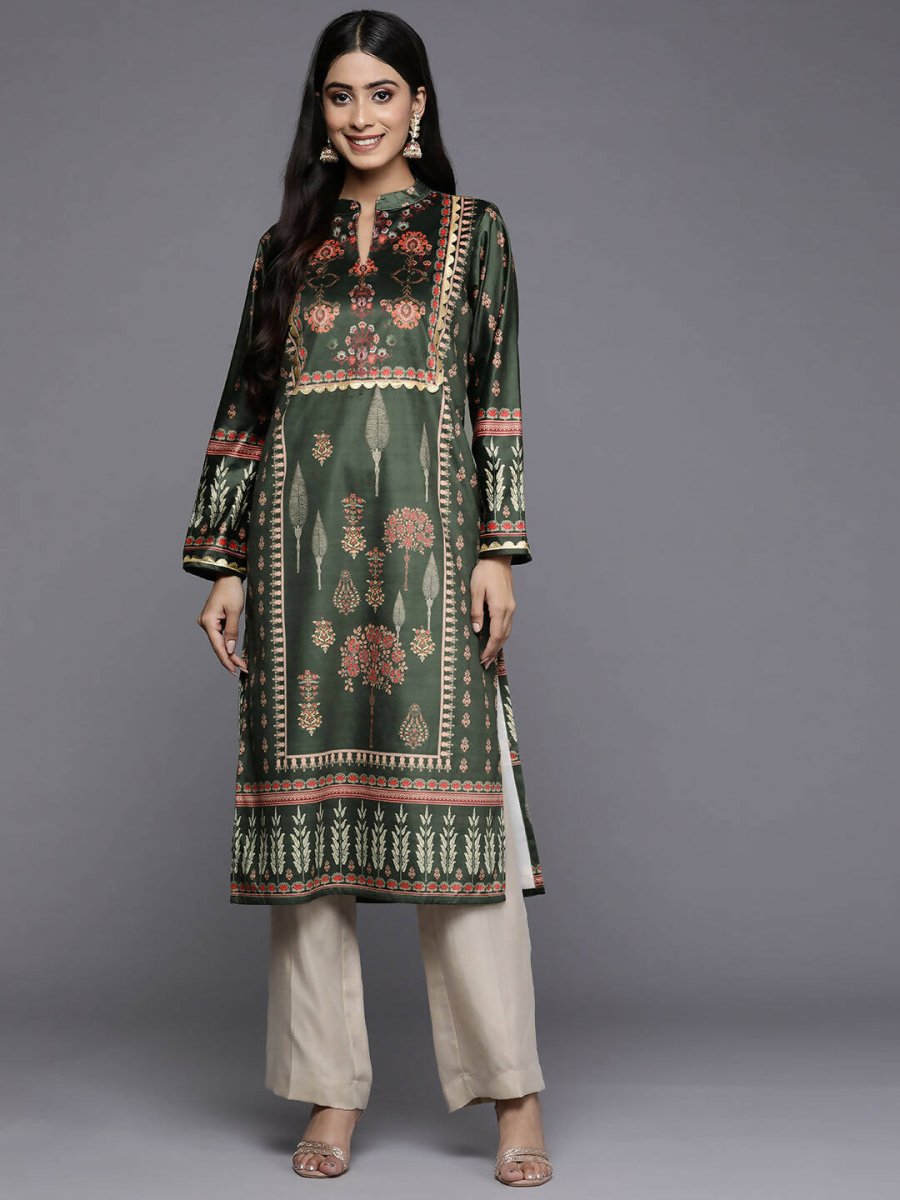 Ahalyaa Women Green & Pink Ethnic Motifs Printed Gotta Patti Velvet Kurta | Grocsy