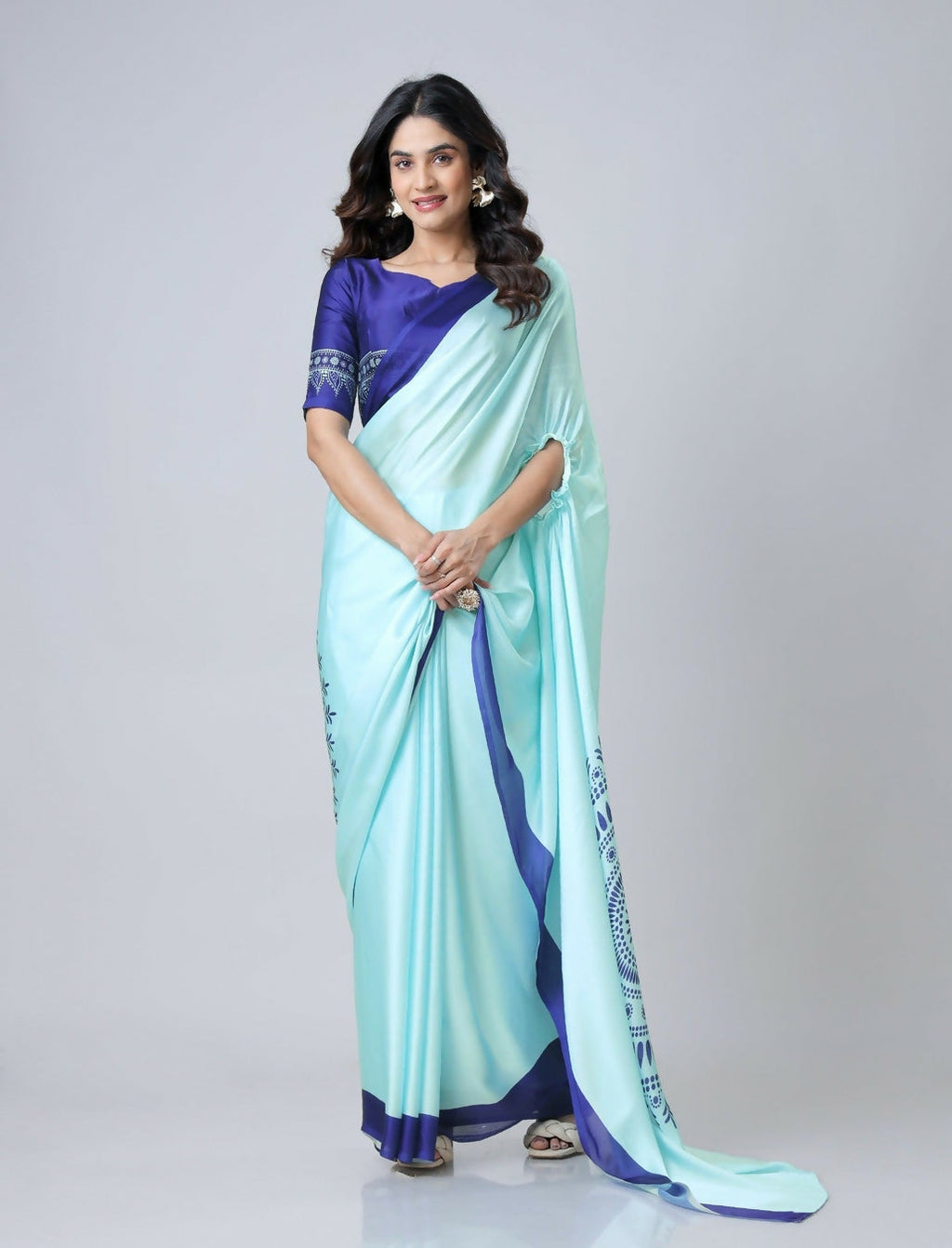 Vastranavya Sky Blue Mandala Print Free Hand Ready to Wear Saree | Grocsy