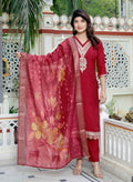 Miravan Women's Embroidered Pure Silk Red Kurta with Palazzo and Dupatta | Grocsy