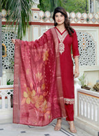 Miravan Women's Embroidered Pure Silk Red Kurta with Palazzo and Dupatta | Grocsy