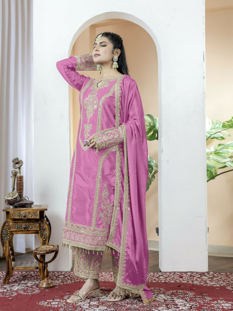 Teeya Creation Baby Pink Color Chinnon Silk Embroidery Work Fully Stitched Salwar Suit | Grocsy