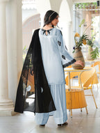 Nikhaar Light Blue Embroidered Organza Stitched Straight Cut Kurta Farshi Salwar Dupatta Readymade Suit | Grocsy