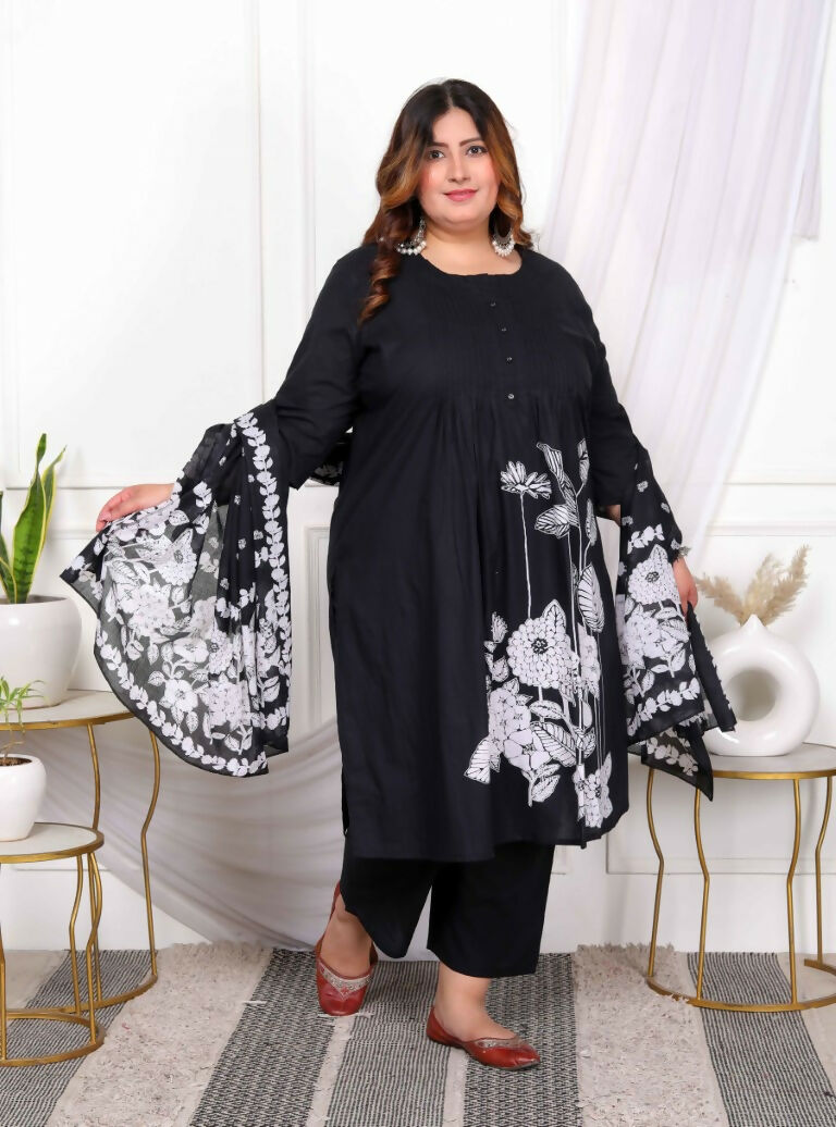 Miravan Women's Plus Size Black Pintucks Detailing Straight Kurta and Palazzo with Dupatta Set | Grocsy