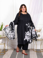 Miravan Women's Plus Size Black Pintucks Detailing Straight Kurta and Palazzo with Dupatta Set | Grocsy