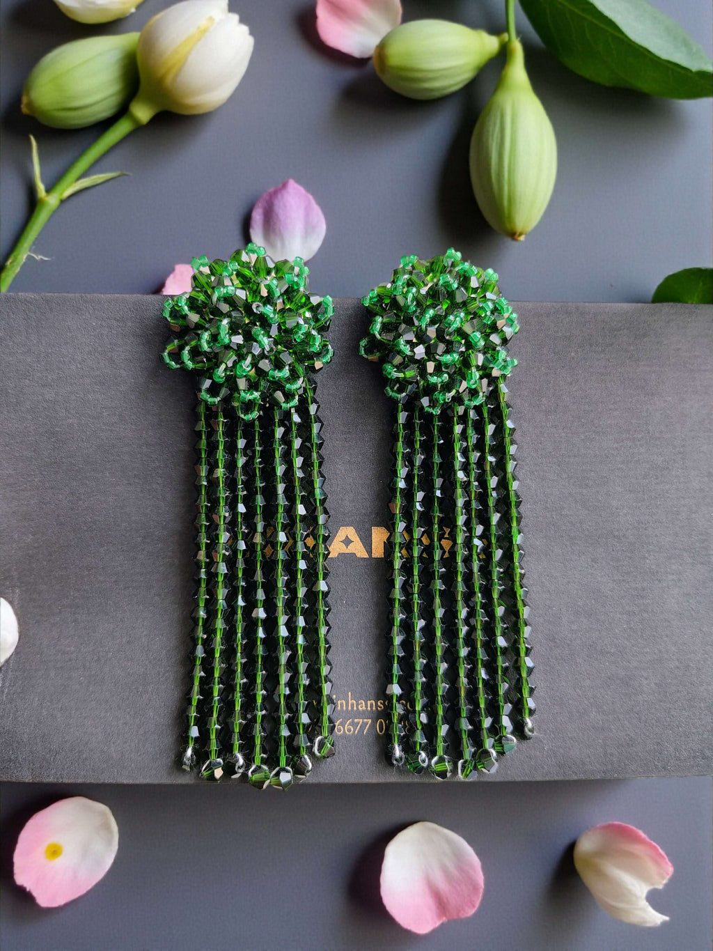 Inhanns Handmade Crystal Waterfall Earrings - Long - Dark Green Big | Grocsy
