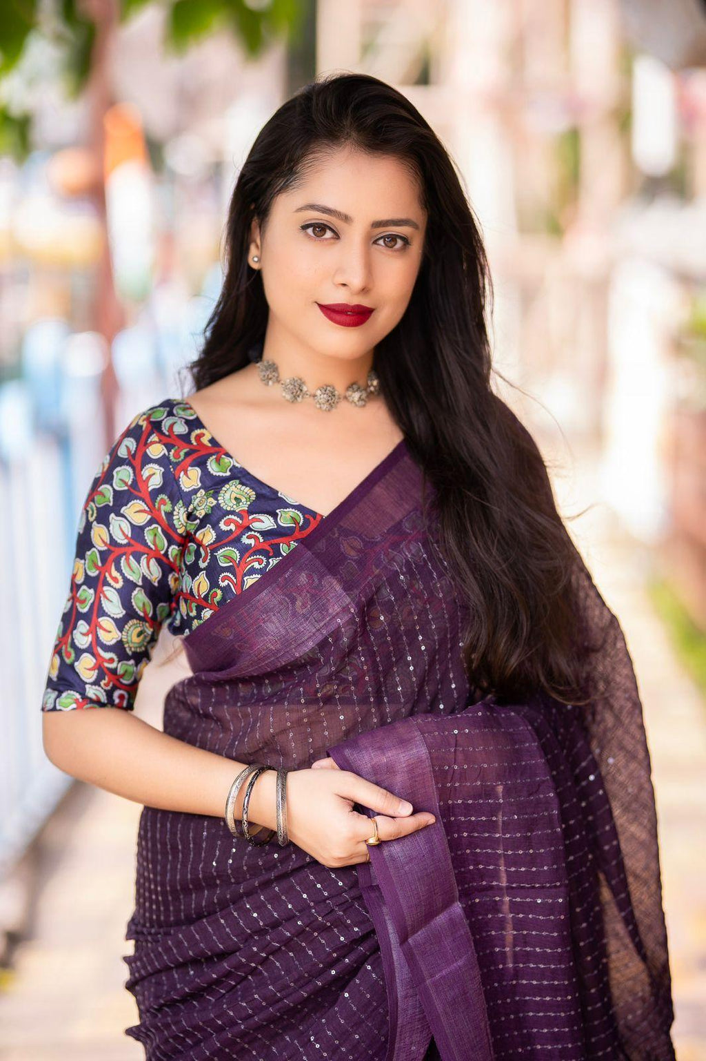 Purple Linen Sequence Saree with Unstitched Blouse - Hiral Fashion | Grocsy
