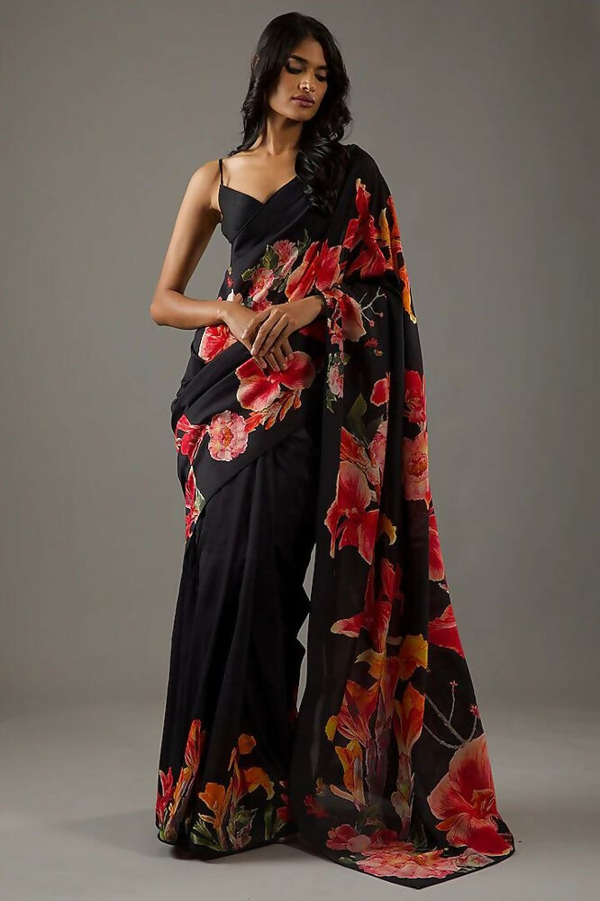 Black Bright Moss Designer Digital Printed Party Wear Saree - Be Verly | Grocsy