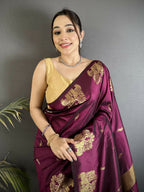 Joban Fashion Magenta Motifs Zari Weaving Soft Silk Banarasi Saree | Grocsy