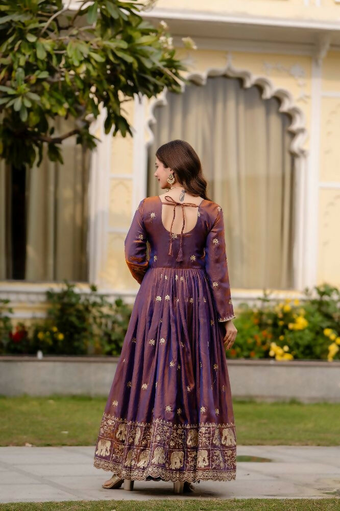 Teeya Creation Wine Primium Fendy Satin Silk Embroidery Work Wedding Wear Gown | Grocsy