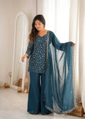 Teeya Creation Teal Blue Embroidered Short Kurti Sharara Suit Set With Dupatta | Grocsy