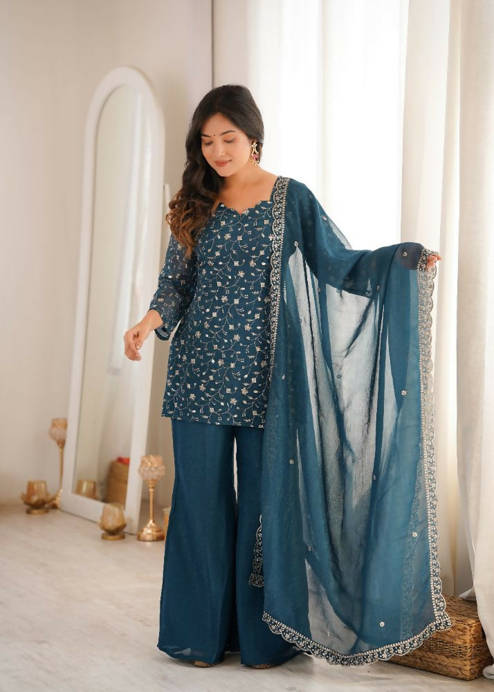 Teeya Creation Teal Blue Embroidered Short Kurti Sharara Suit Set With Dupatta | Grocsy