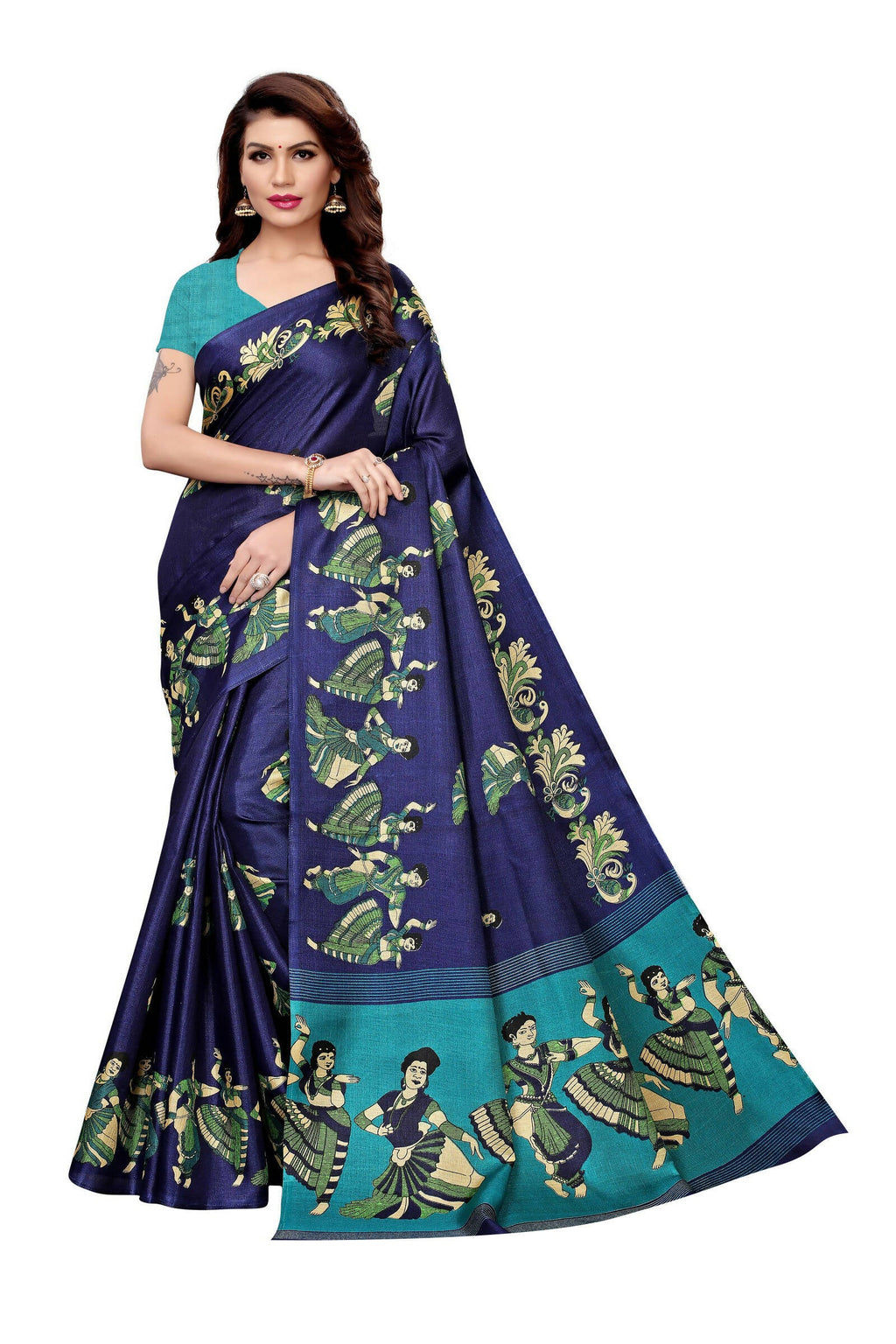 Vamika Navy Blue & Sky Blue Kalamkari With Jhalar Khadi Silk Saree | Grocsy