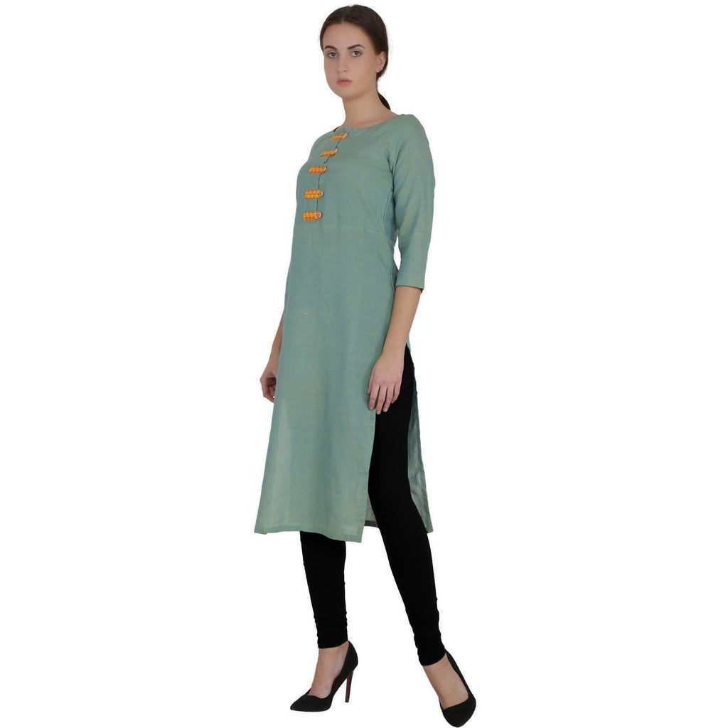 Kanoor Women's Green Cotton Straight Kurti | Grocsy
