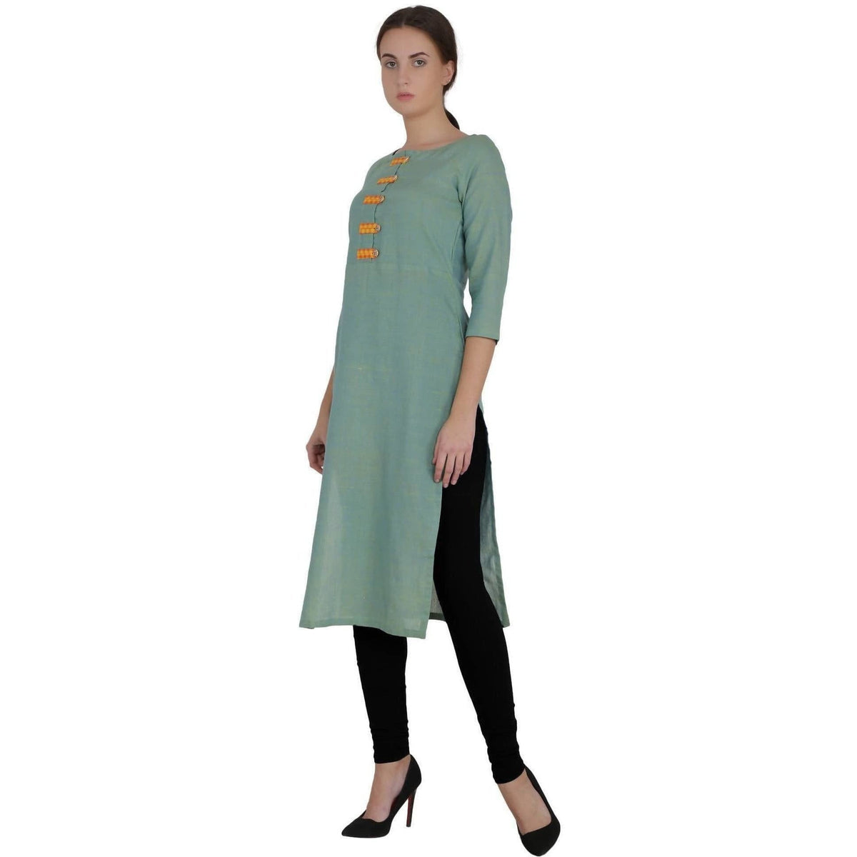 Kanoor Women's Green Cotton Straight Kurti | Grocsy