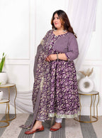 Miravan Women's Plus Size Purple cotton Floral Gota Lace Work Anarkali Kurta And Dupatta | Grocsy