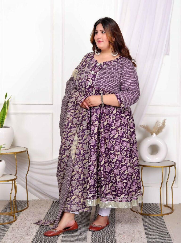 Miravan Women's Plus Size Purple cotton Floral Gota Lace Work Anarkali Kurta And Dupatta | Grocsy
