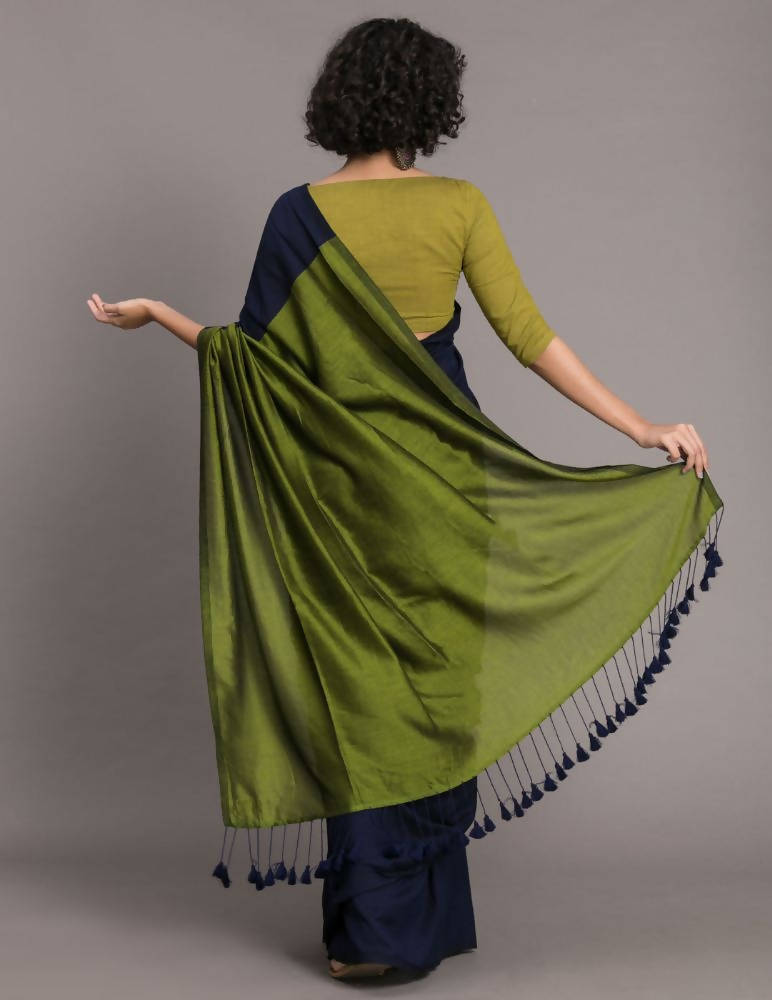 Suta Blue Green Colourblocked Cotton Blend Saree | Grocsy