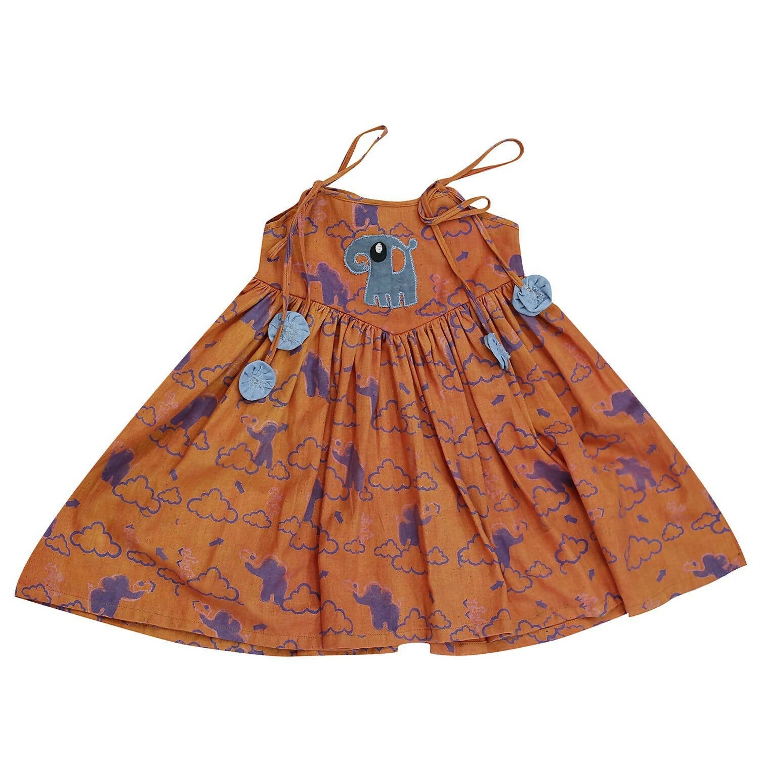 Mhyssa Pleated Sleeveless Orange and Blue Round Neck Frock | Grocsy