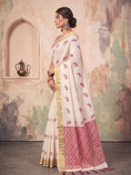 Shree Shyam Fashion Off White Woven Work Linen Fabric Daily Wear Saree With Blouse | Grocsy