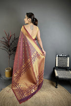 Elora Wine Banarasi Soft Silk Checked Body With Floral Motifs South Pattu Saree | Grocsy