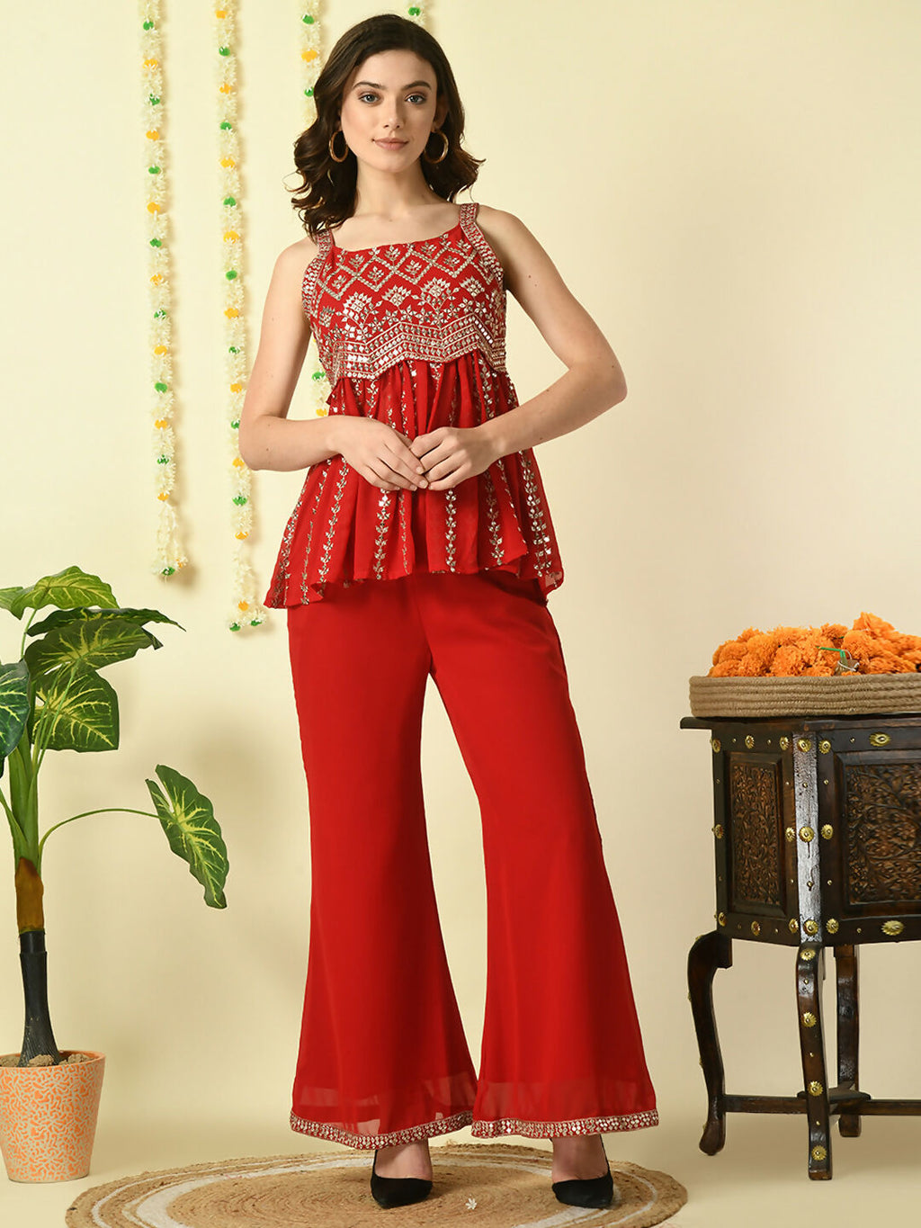 Myshka Women's Red Georgette Top With Palazzos Party Sets | Grocsy