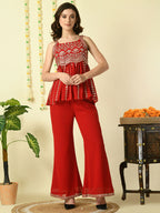 Myshka Women's Red Georgette Top With Palazzos Party Sets | Grocsy