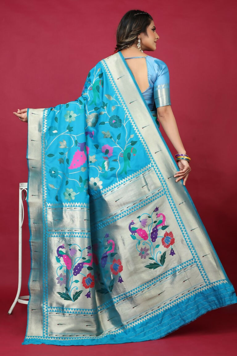 Jyoti Fashion Women's Sky Blue Paithani Silk Zari Woven Saree with Blouse | Grocsy