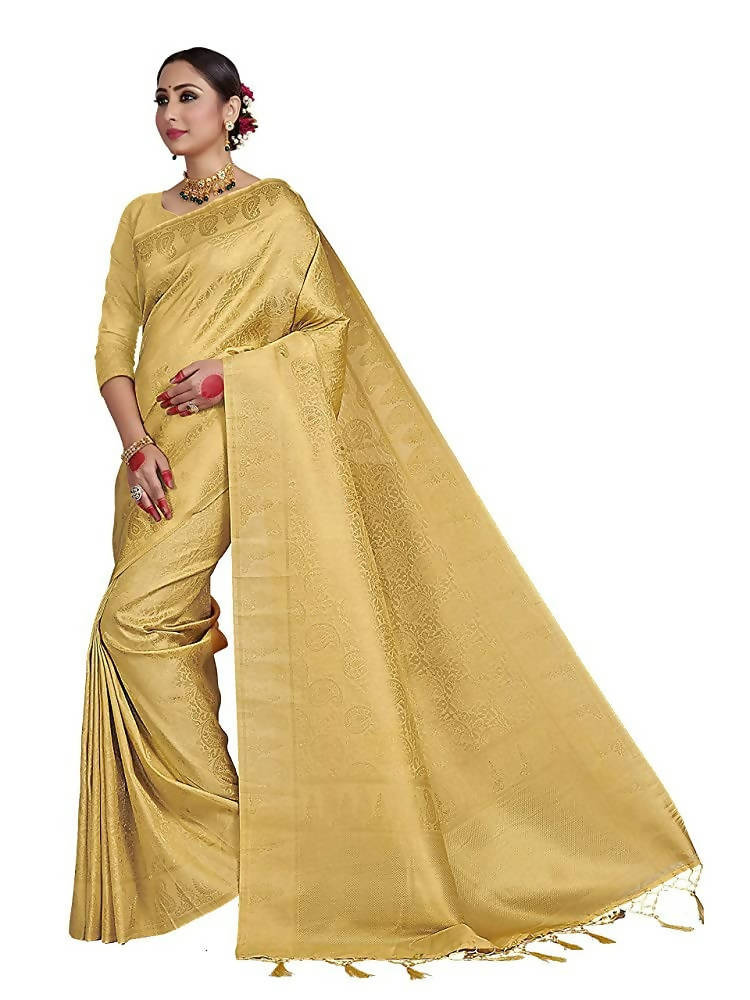 Vardha Women's Beige Color Kanchipuram Raw Silk Saree with Unstitched Blouse Piece | Grocsy