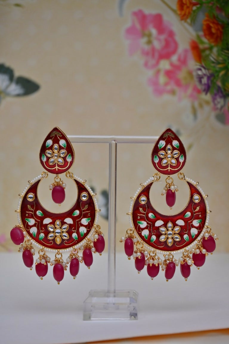 Red Gold-Polished Brass & Pearl Dangle Women Earrings| Hand Painted Meenakari Chandbali Traditional Ethnic Wear Earrings By House of Ree - Swadesiicart